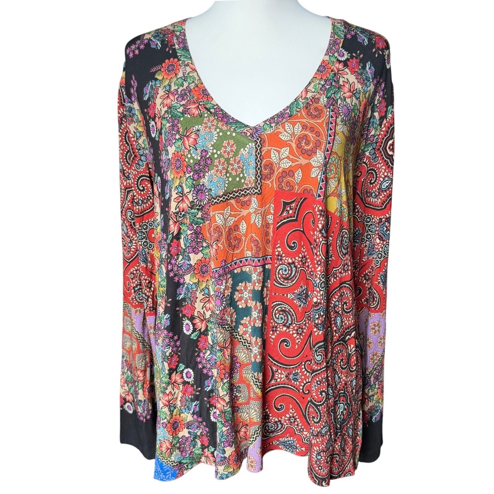 Johnny Was Patchwork Top XL Boho Floral Paisley V-Neck Resort Cottage Fall